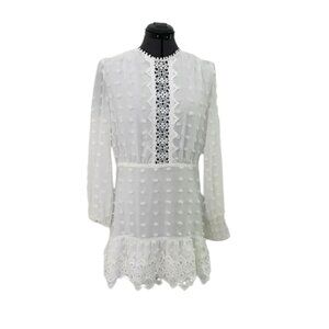 JUST ME Creamy White Pom Pom Short Dress Sheer Sleeves Ruffled, Size L